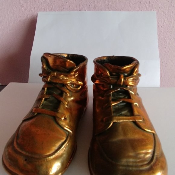 Vintage Bronze Dipped Baby Shoes Plated Metal with Laces - Picture 2 of 8